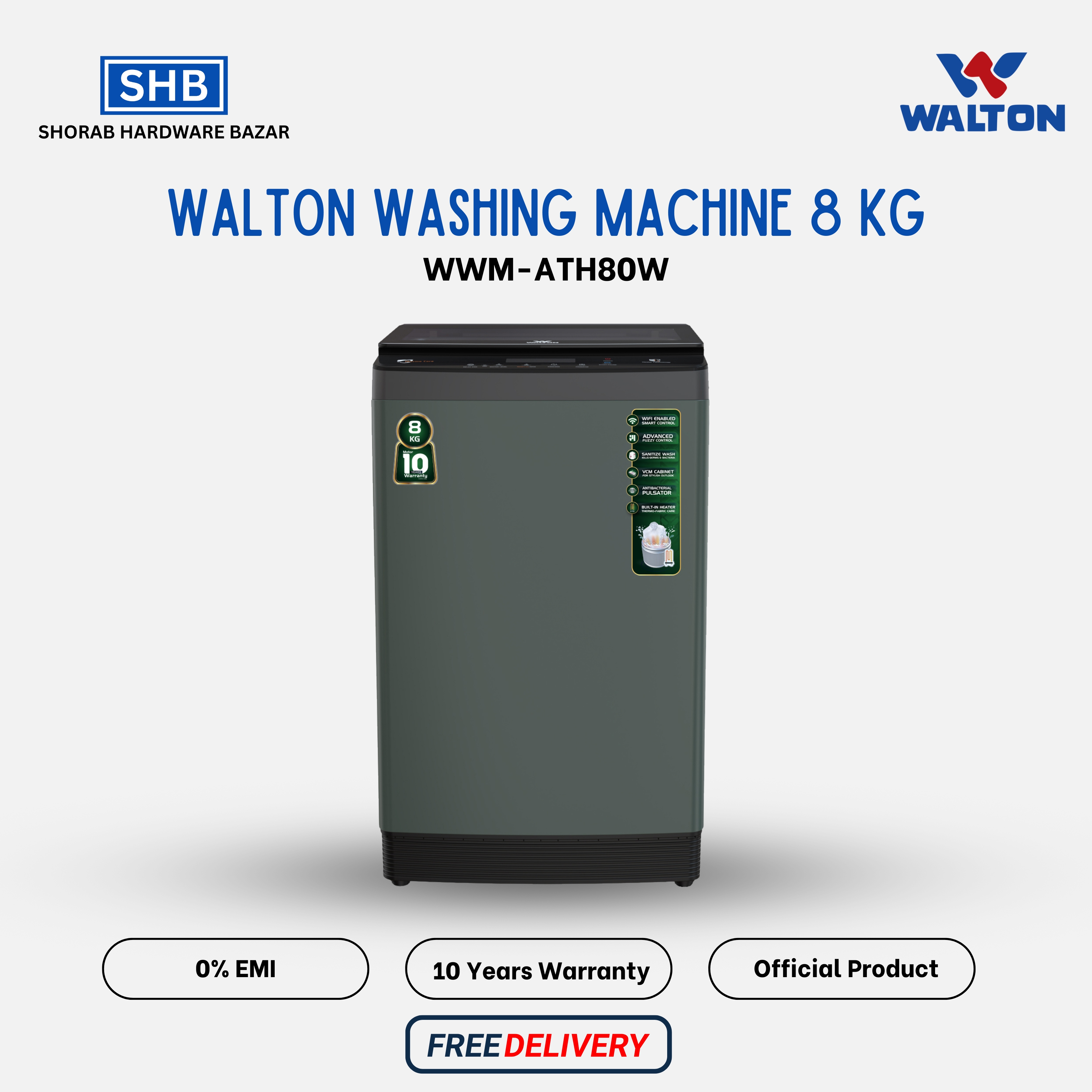 WALTON Washing Machine 8 KG WWM-ATH80W - Built In Heater & Wifi with Free Delivery