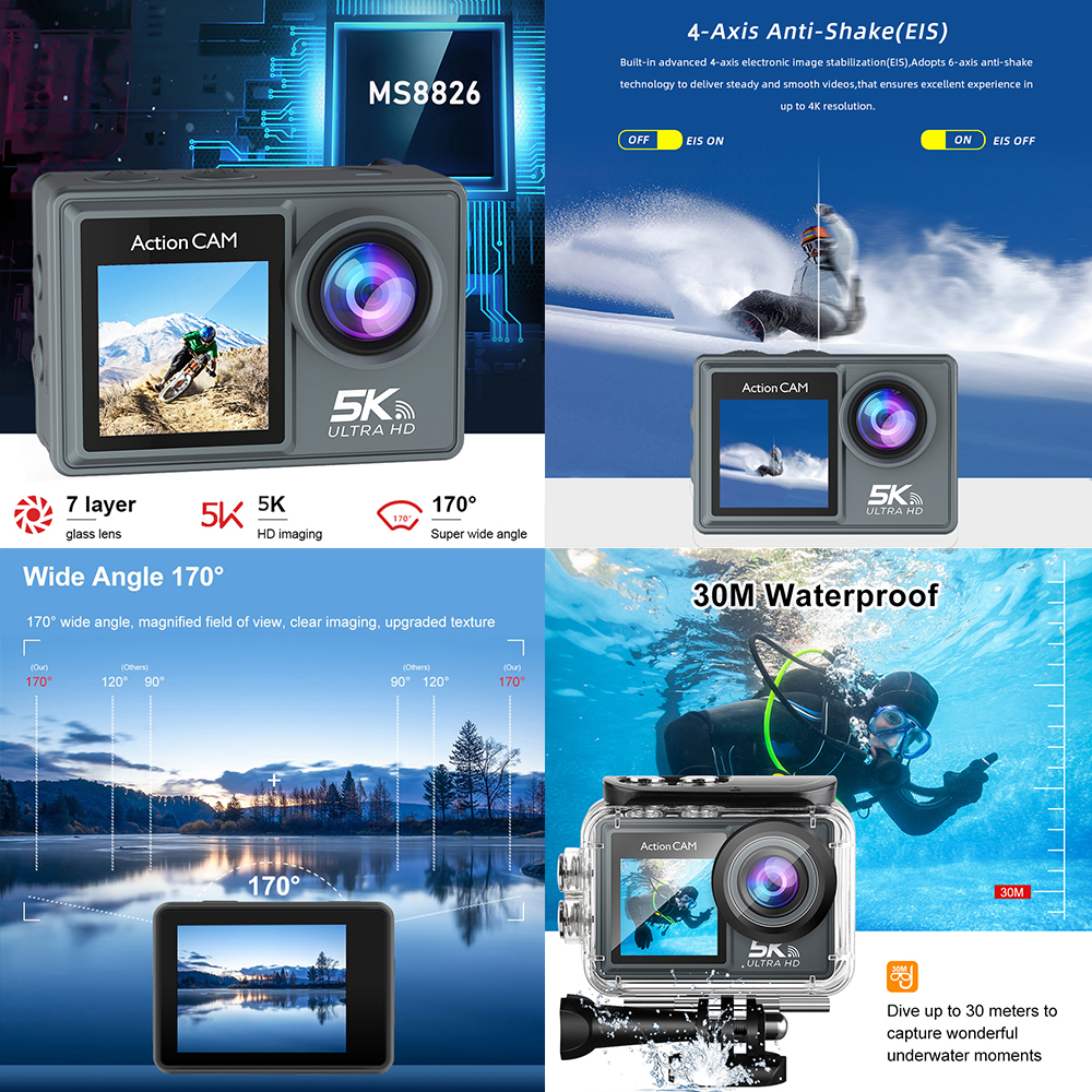 5K 4K60FPS Action Camera Dual IPS Touch LCD DVR EIS 170° 30M Waterproof 5X Zoom Sport Camera With Wireless Mic&Remote Control. 