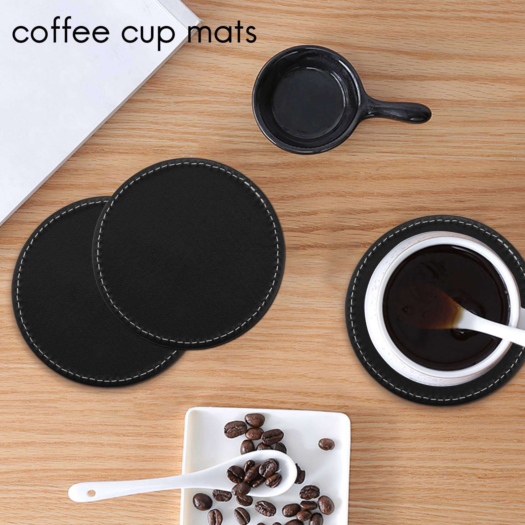 Set of 12 Leather Drink Coasters Round Cup Mat Pad for Home and Kitchen Use Black