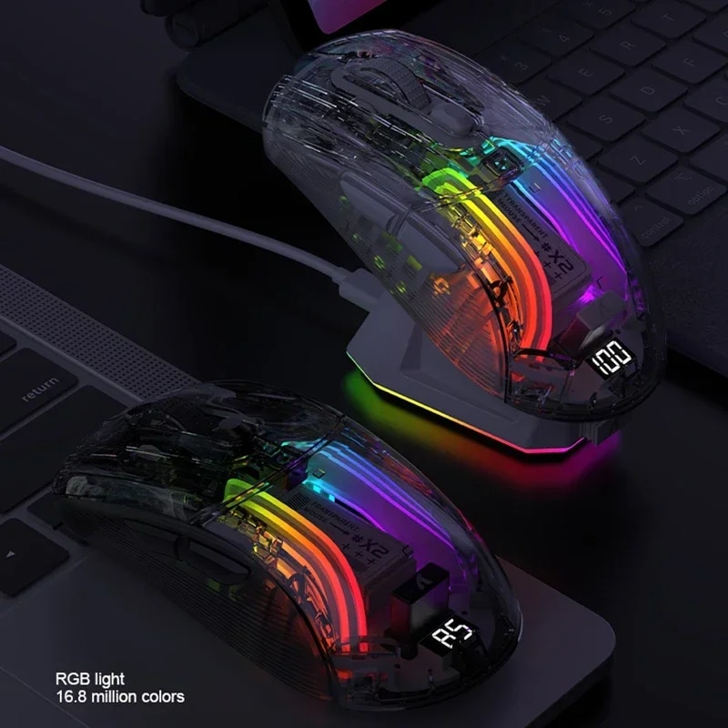Attack Shark X2 PRO Wireless Bluetooth Gaming Mouse 3-Mode Connection RGB Light USB C Wired 2.4G Transparent Mouse. 