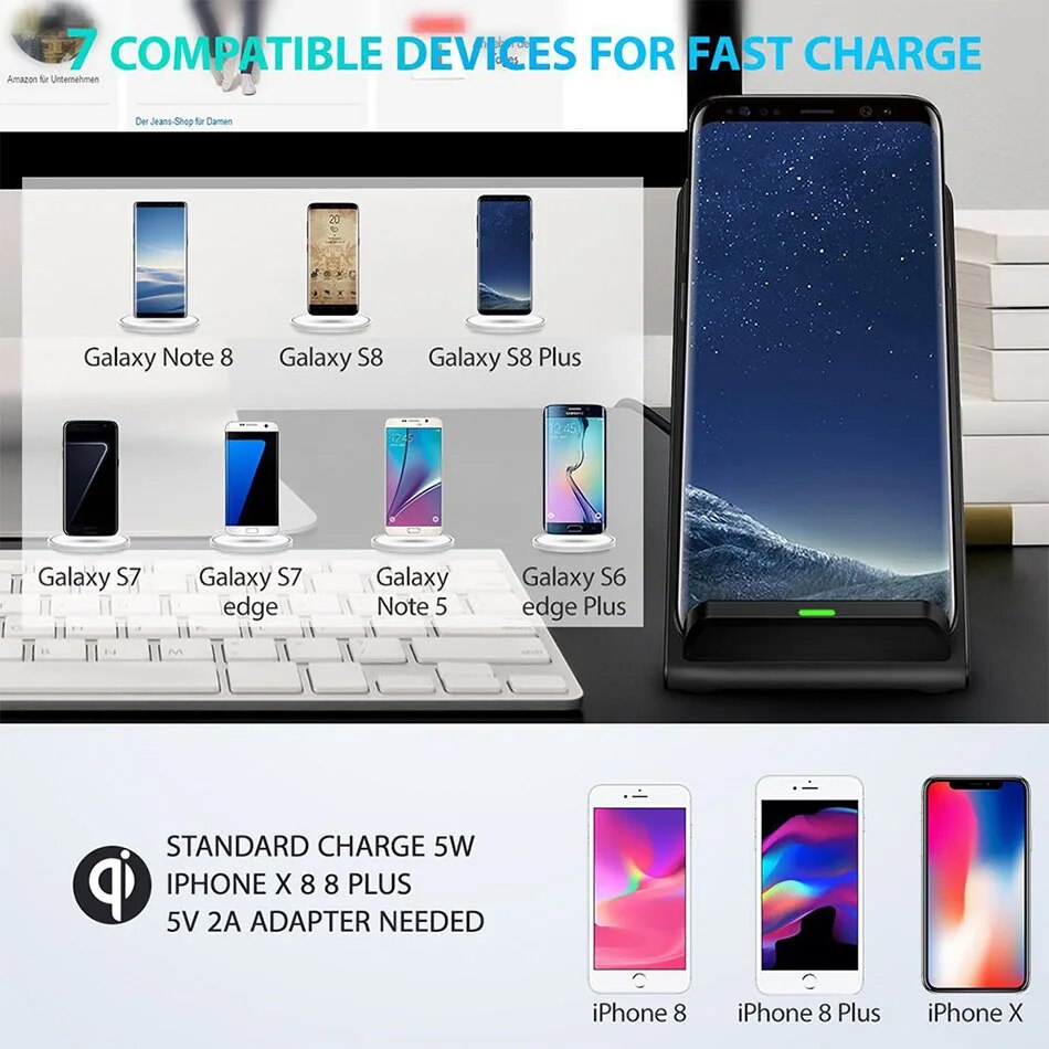 100W Wireless Chargers QC 2.0 Fast Charging for iPhone 10 14 13 12 XR Samsung S22 S10 S7 S8 S9 2-Coils Stand 5V/2A 9V/1.67A. 