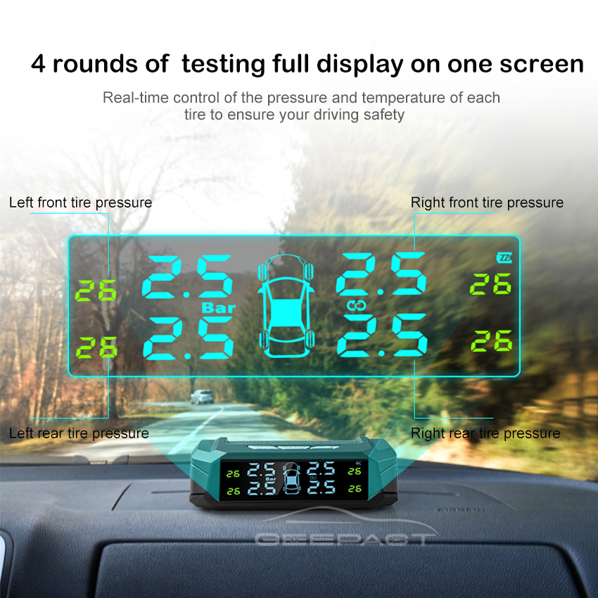 Geepact Car Tire Pressure Monitoring System Smart Car TPMS Tyre Pressure Alarm Monitoring System Solar Power Panel USB Charging TPMS Universal 4 External Sensors LCD Display. 