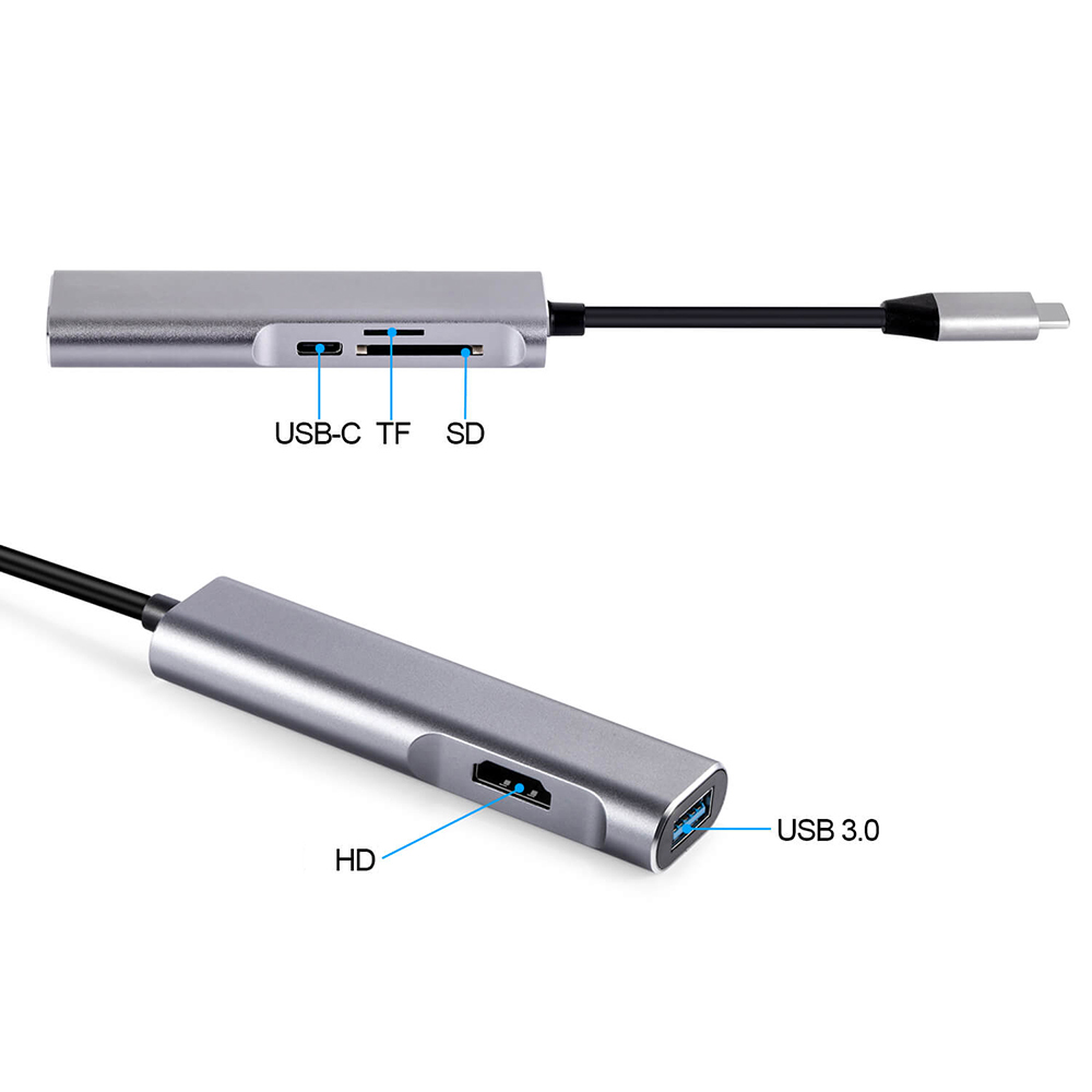 5-in-1 Multifunctional Type-C to 4K HD Hub PD Charge/USB3.0 Data Transfer/SD TF Card/HD 4K Output. 