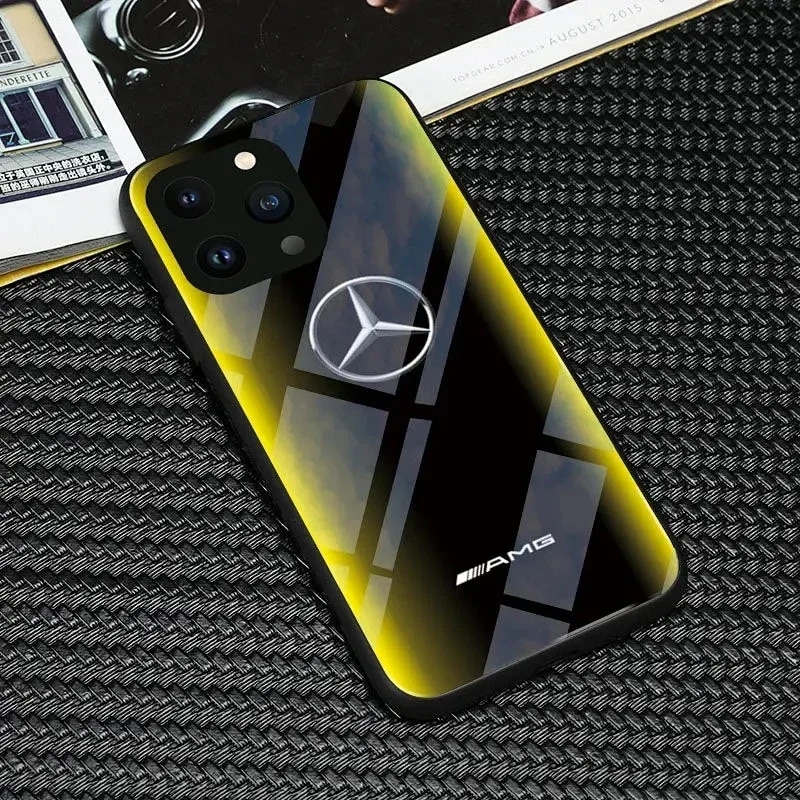 Yellow Gradient Mercedes Benz Phone Case For iPhone 15 Pro Case Back Glass For iPhone 11 14 Pro Max 12 13 Mini 15 Plus XR Cover