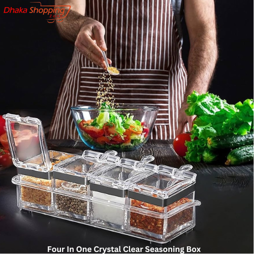 Four In One Crystal Clear Seasoning Box Acrylic Spice Rack Storage Condiment Jars Containers With One Spoon - 05 - Condiment & Spice Racks -Lifestyle Mall