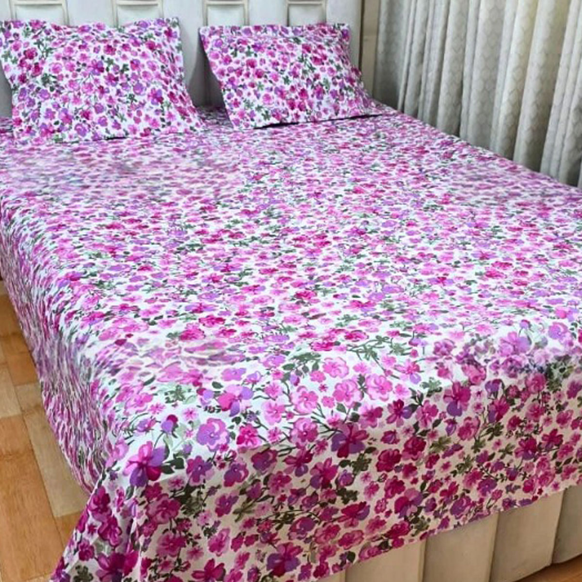 Cotton Fabric Printed 7 Feet by 8.5 Feet Double King Size Bedsheet Set with Two Pillow Covers Bed Sheet. 