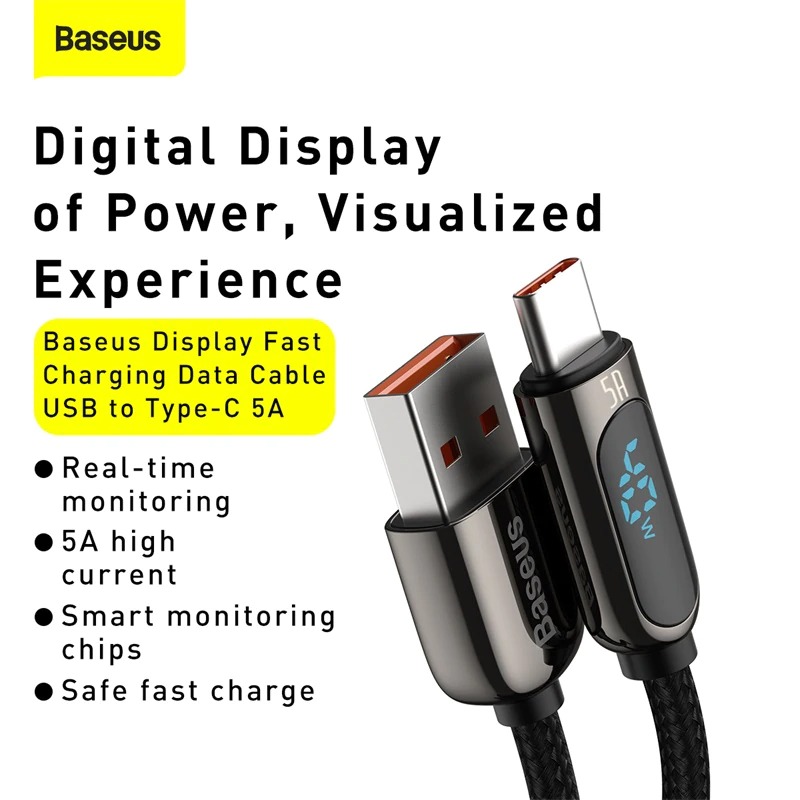 Baseus LED Display USB Type C Cable For Xiaomi Huawei Samsung 5A Fast Charging Charger USBC USB-C Date Cable Type-C Wire Cord. 