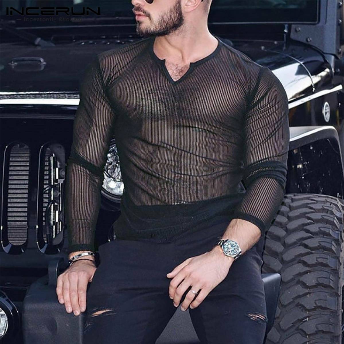 (Western Style) INCERUN Mens Long Sleeve T Shirt V-Neck Fit Muscle Blouse Mesh Chic Blouse Tops Tee