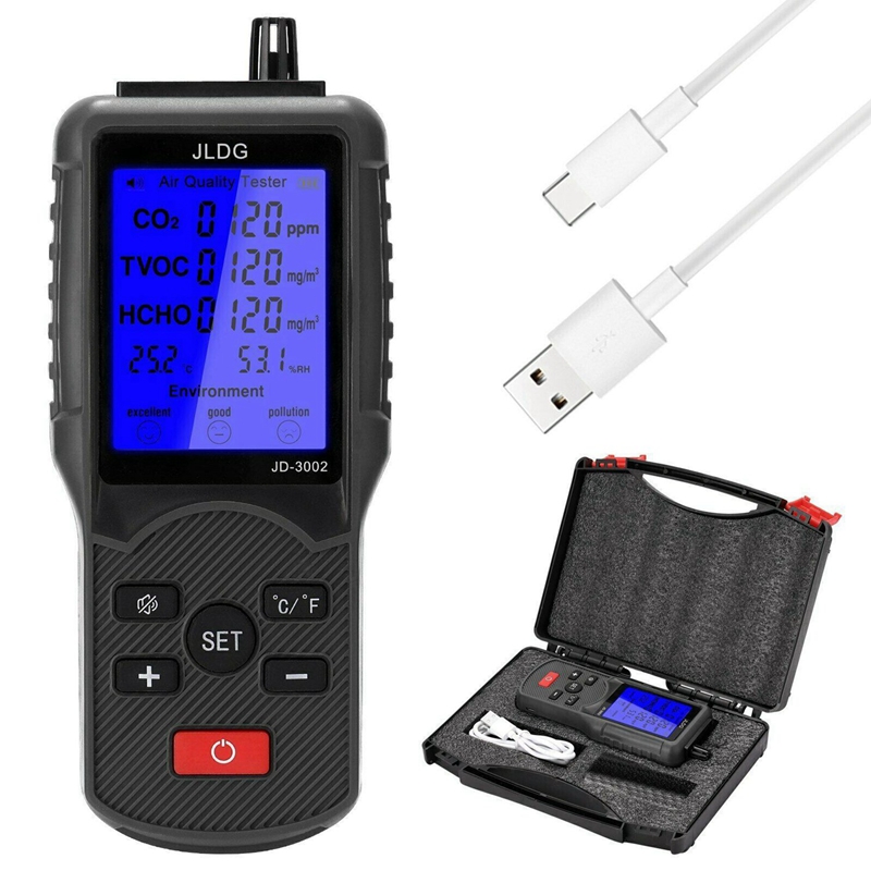 Jldg Air Quality Tester Co2 Tvoc Meter Temperature Humidity Measuring Device Carbon Dioxide Monitor with Lcd Screen. 