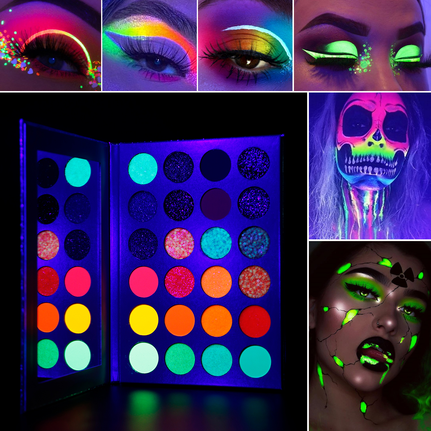 DE'LANCI Neon Glow in Dark Eyeshadow Pallet ,Aurora Stage Clubbing Makeup Kit ,Blacklight UV Fluorescent Eye Shadows Color. 