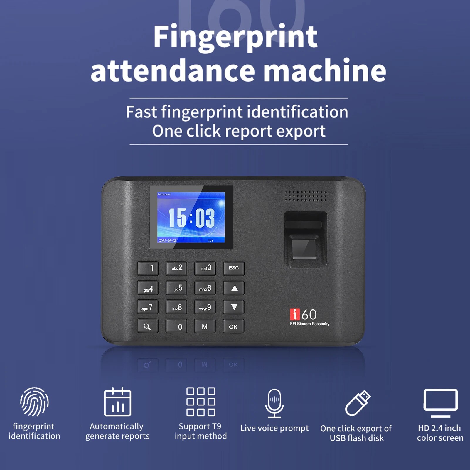 I60 Biometric Attendance System Password Fingerprint Attendance Machine Time Clock Employee Checking-in Recorder 2.4" LCD Screen. 
