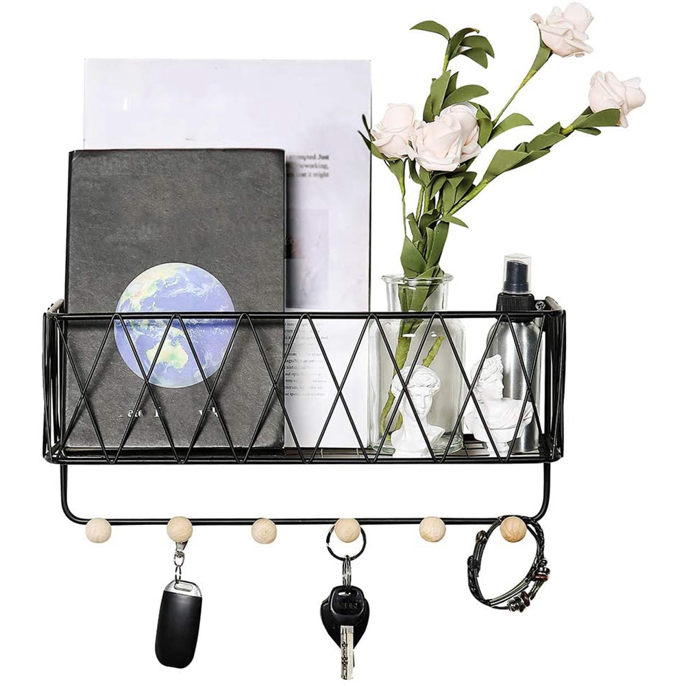 Wall-Mounted Mail Holder with 6 Key Hooks, Wire Mesh Storage Basket. 