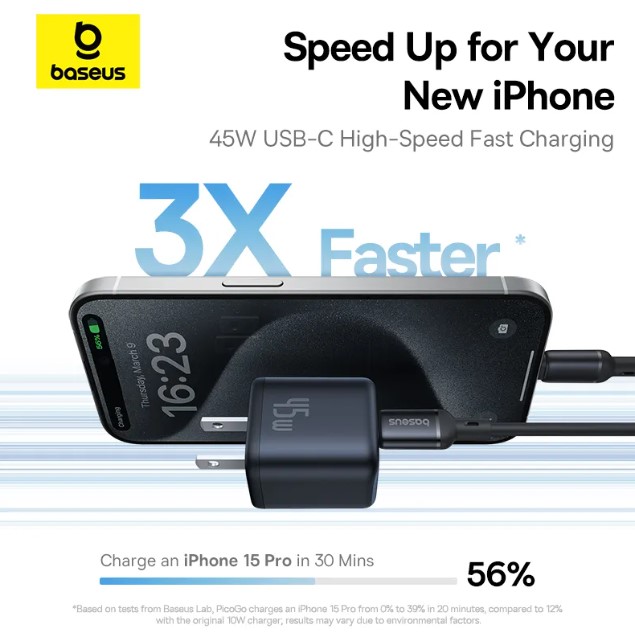 Baseus 45W Charger, PicoGo C1 USB C Charger Block Fast Charging, Compact Type C Wall Charger for iPhone16/15/14/13/12 Series, Galaxy Series, MacBook Etc. 