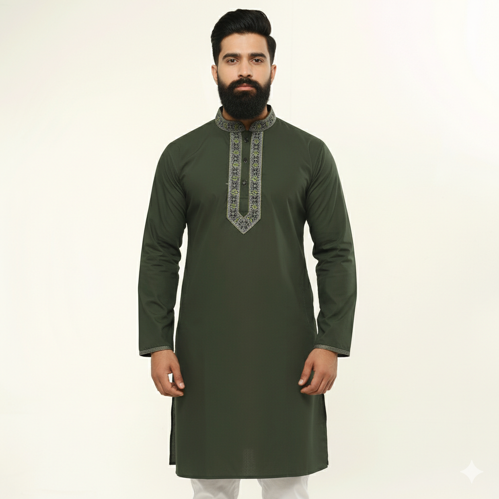 Deep Olive Embroidery Style Panjabi for Men | Premium Cotton Traditional Punjabi Kurta | Elegant Ethnic Wear for Eid, Wedding & Festive Occasion | Stylish Slim Fit Design | Comfortable Breathable Fabric | Modern Classic Look | Trendy Menâs Cultural Outf