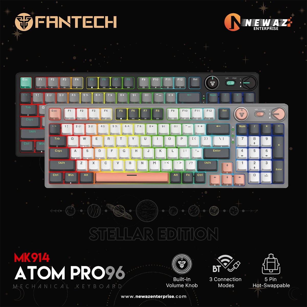 FANTECH MK914 ATOM PRO96 STELLAR EDITION RGB Mechanical Gaming Keyboard Mercury Black & Saturn Grey Layout Red Switch & Blue Switch. 