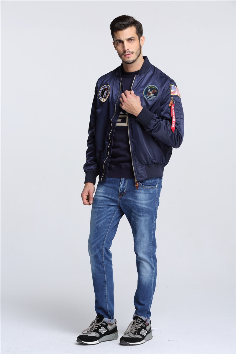 【Alien Alien】 Autumn Apollo Thin 100th SPACE SHUTTLE MISSION MA1 Bomber Hiphop US Air Force Pilot Flight Korean College Jacket For Men. 
