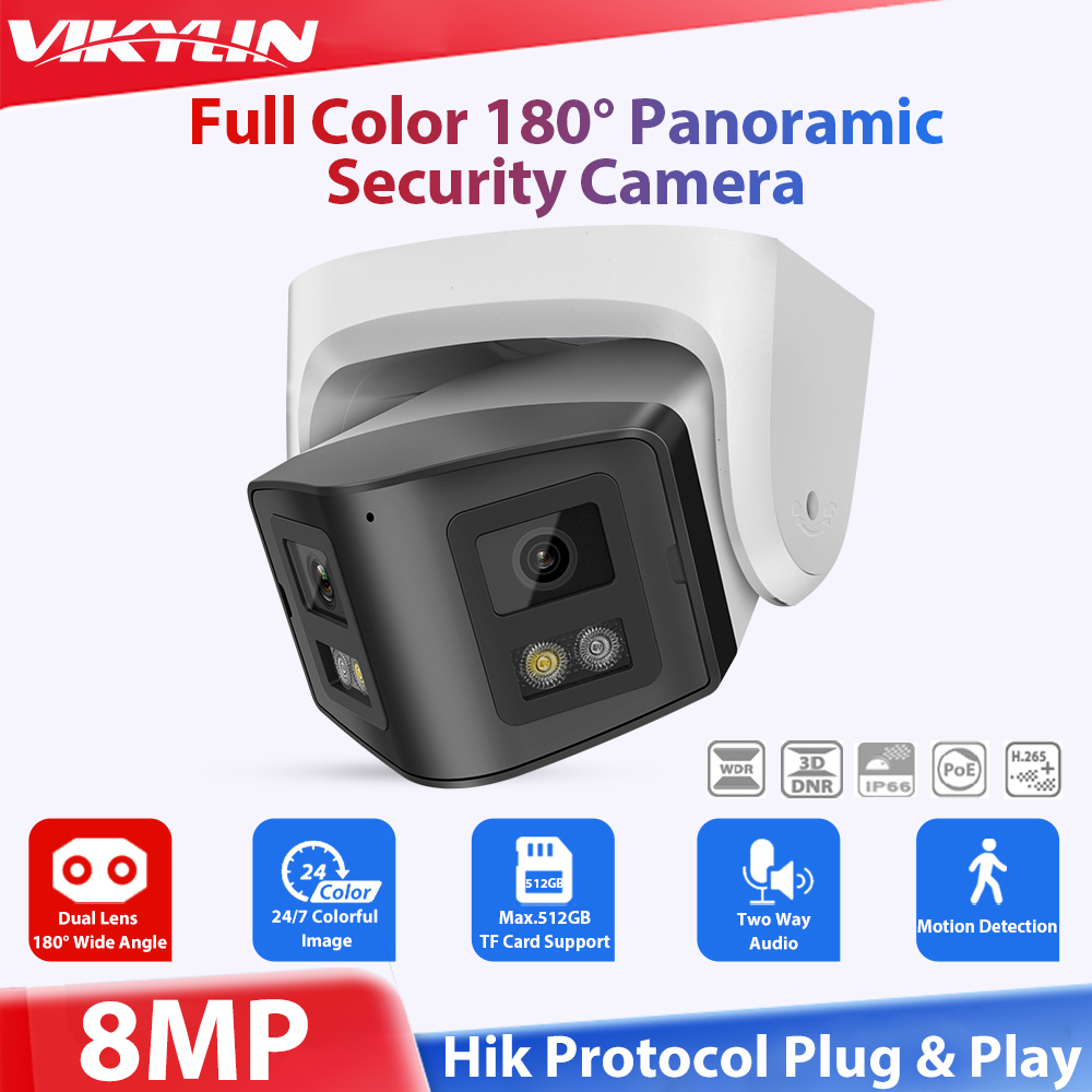 Vikylin 8mp IP Camera for Hikvision Compatible POE MD2.0 smart Dual Lights Two-way Talk Home CCTV 180° panoramic Security Camera. 
