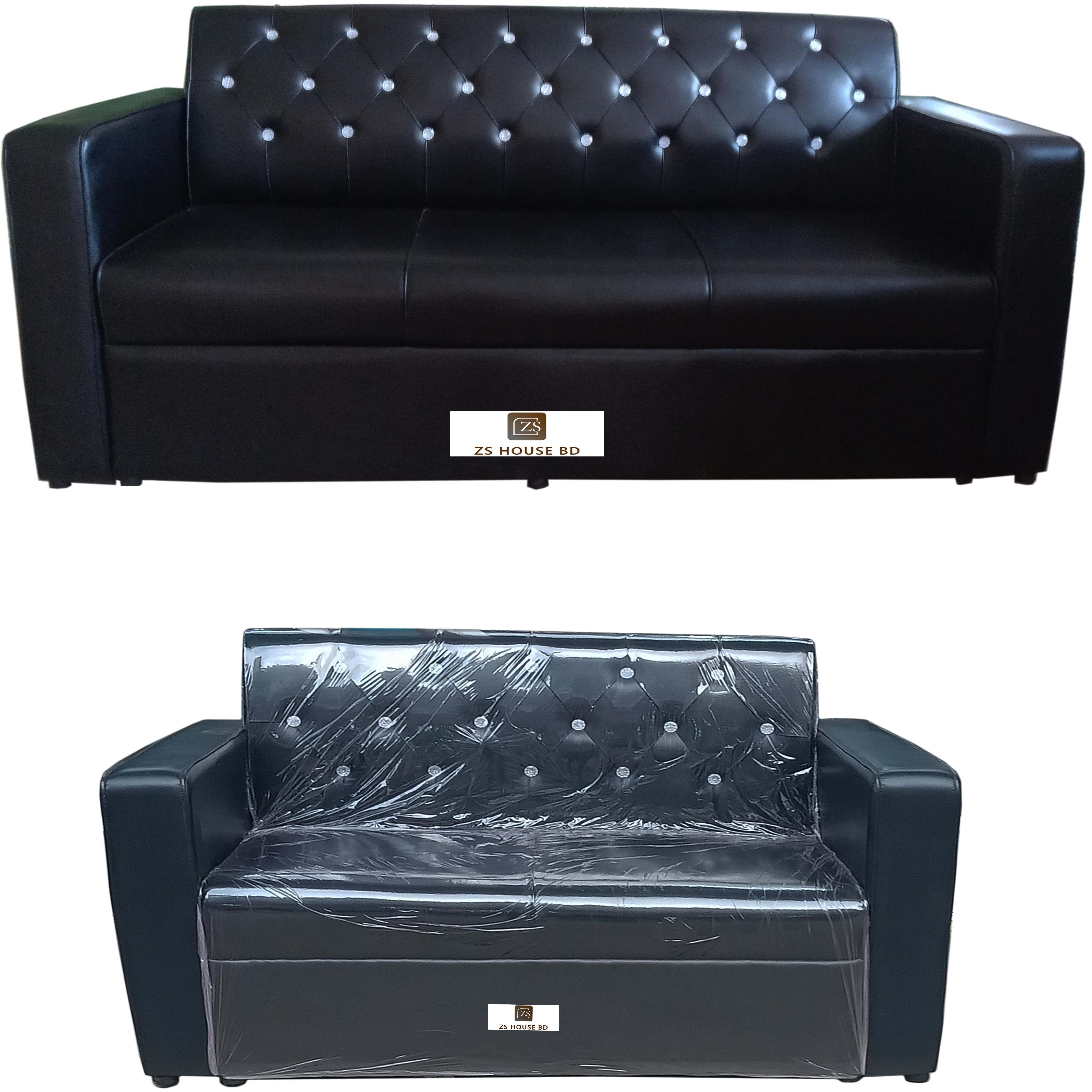 Sofa Set 5 seater back stone fixed arm box sofa-Modern box sofa set 3+2 seat-Black. 