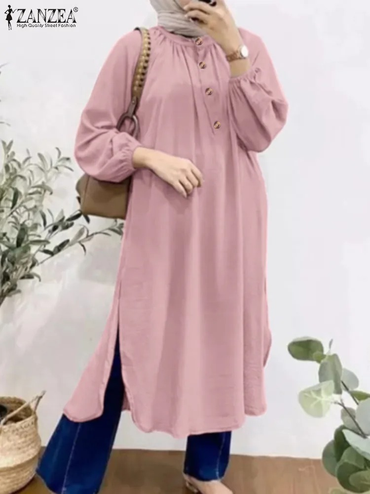 Women 3/4 Sleeve Split Hem Long Shirt Autumn Abaya Hijab Tops Tunic Fashion Islamic Clothing Solid Muslim Blouse. 