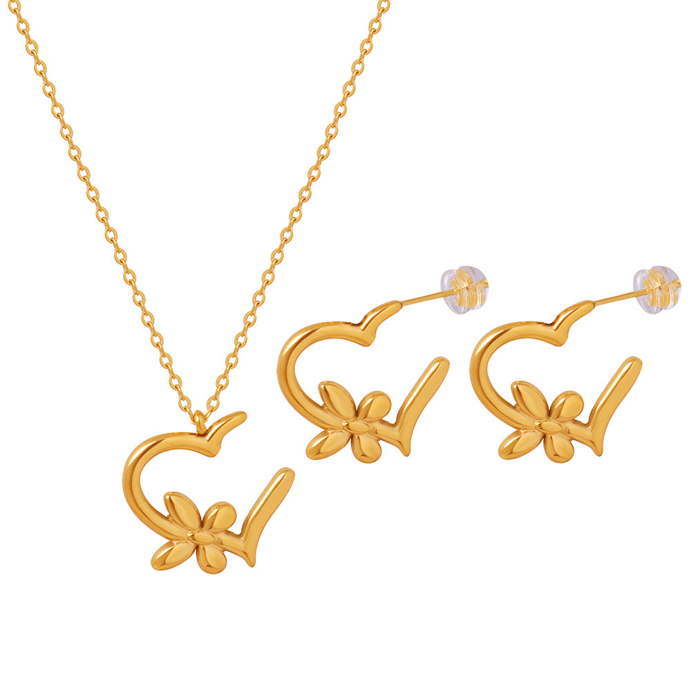 Cross border lines love butterfly flower design pendant necklace titanium steel gold plated earrings jewelry set wholesale. 