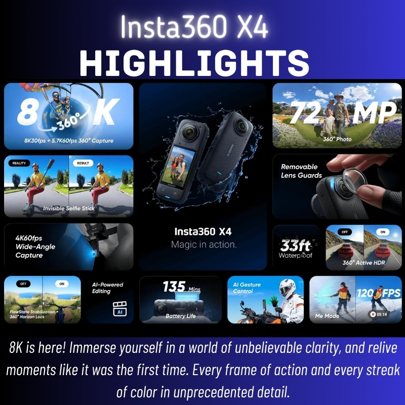 Insta360 X4 360 Action Camera 2024 New Launch 8K 72MP 2290mAh Battery Active HDR 2.5 TouchScreen Waterproof AI Powered Lens. 