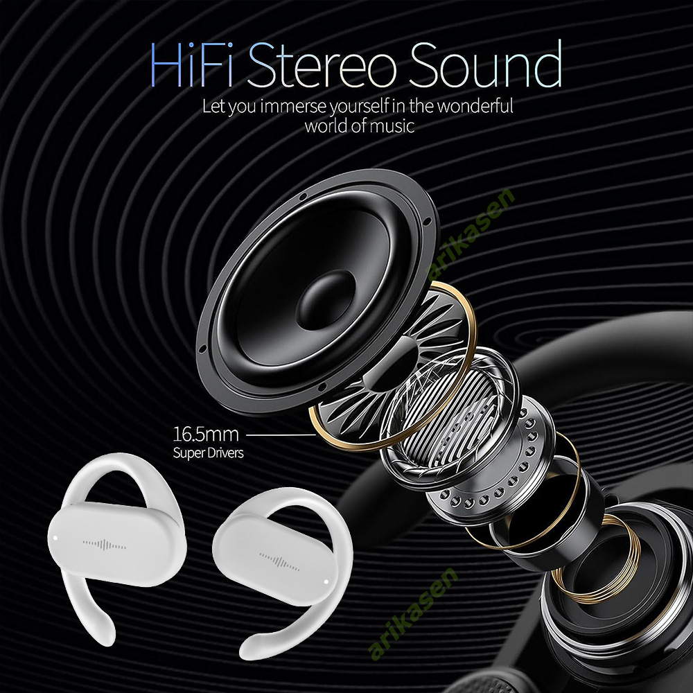 Wireless Headphones TWS Open Ear with Rotatable Earhooks Bluetooth 5.3 Earphones True Open Ear Earbuds Deep Bass with Case Mics. 