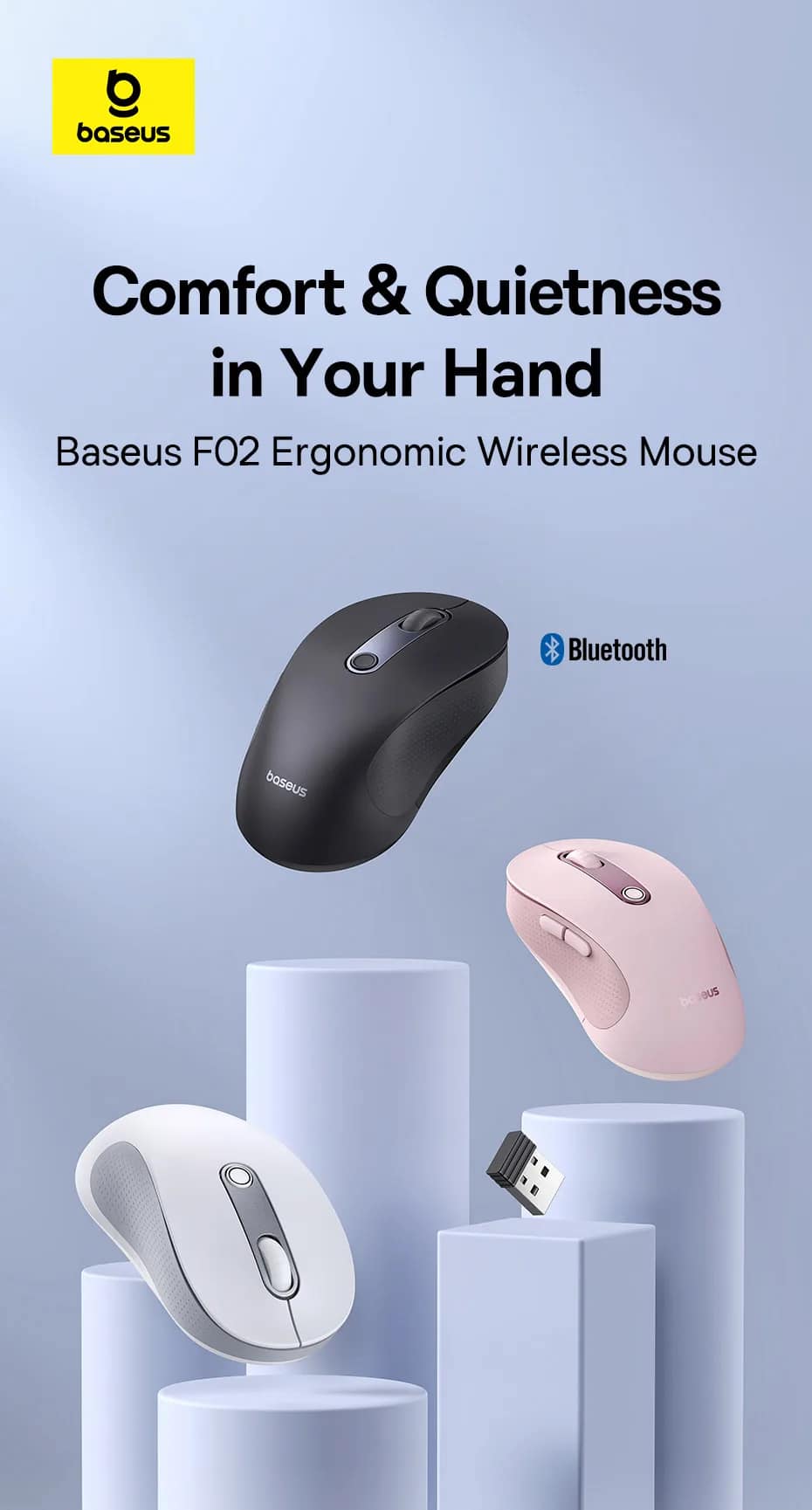 Baseus F02 Ergonomic Wireless Mouse (without Battery) Wireless Mouse Gen 2  Bluetooth 2.4G 4000 DPI Gaming Mouse. 