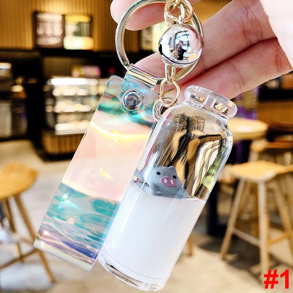 【3C VictoryEagle】Creative Cute Milk Bottle Keychain Moving Liquid Quicksand Drift Bottle Keyring For Pendant Toy