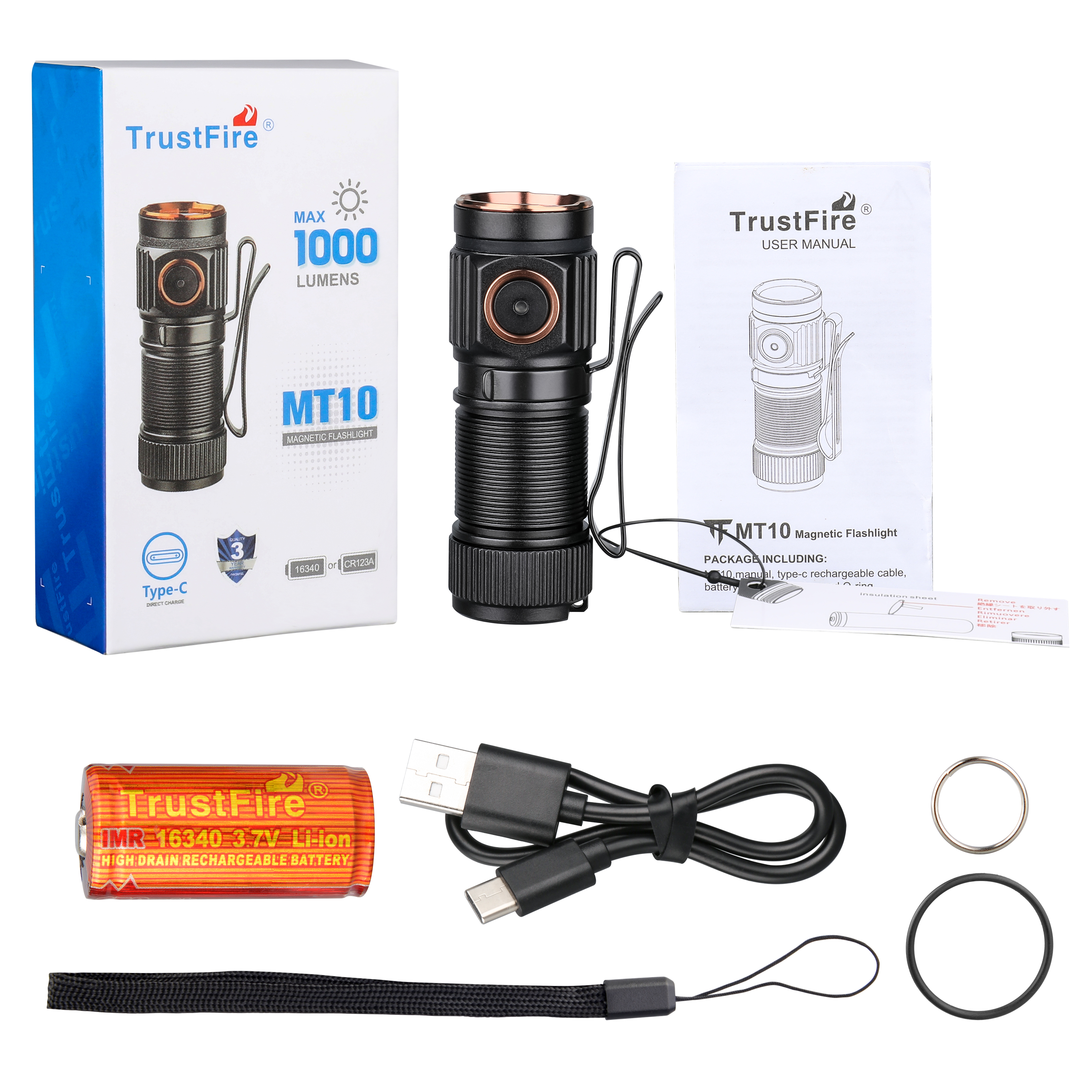 Trustfire MT10 EDC Flashlight 1000Lumen Portable Rechargeable LED Lamp USB C Charging Torch Mini 16340 IPX8 MVB Optic Work Light. 
