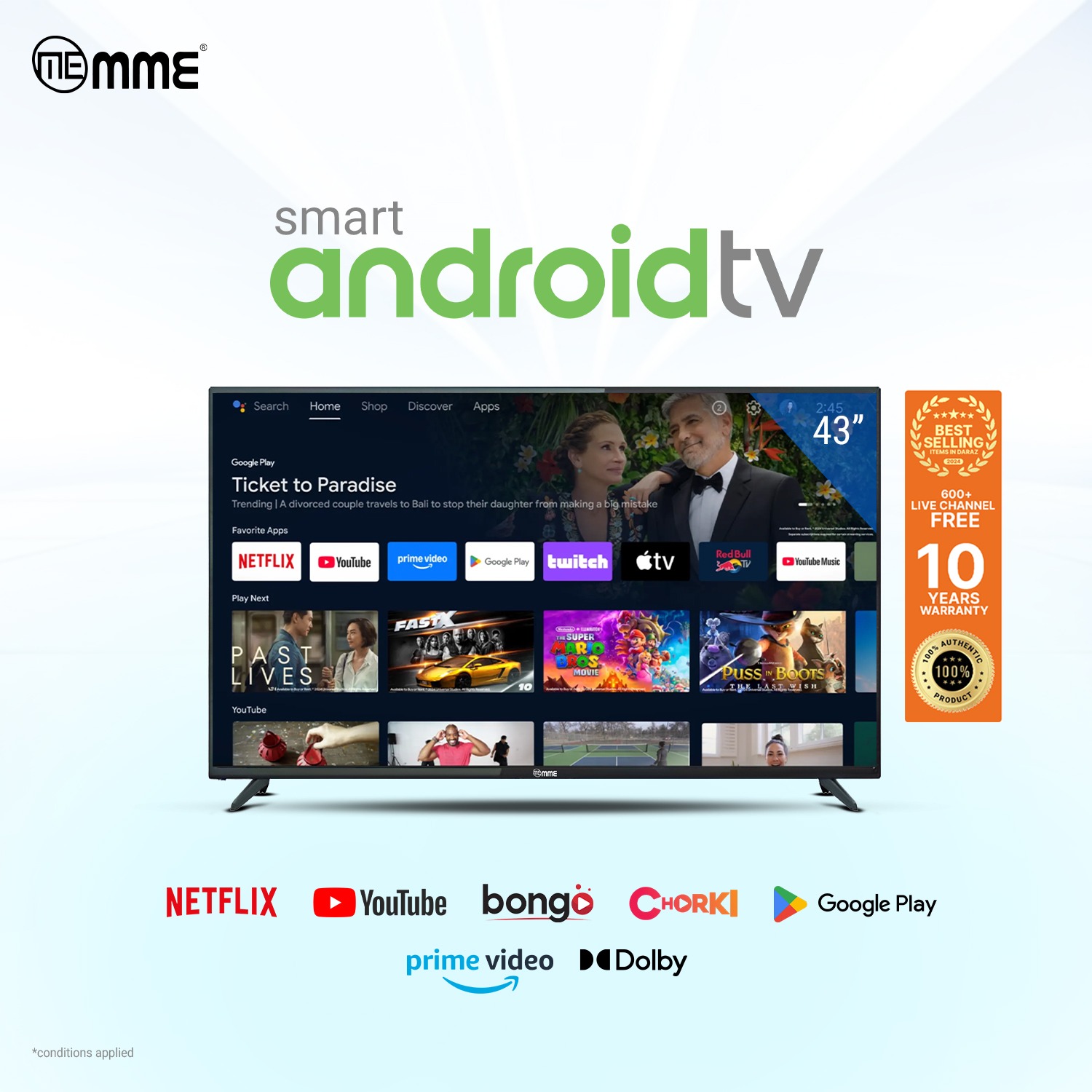 MME TV 43" Frameless Smart Android TV Latest Android Installed