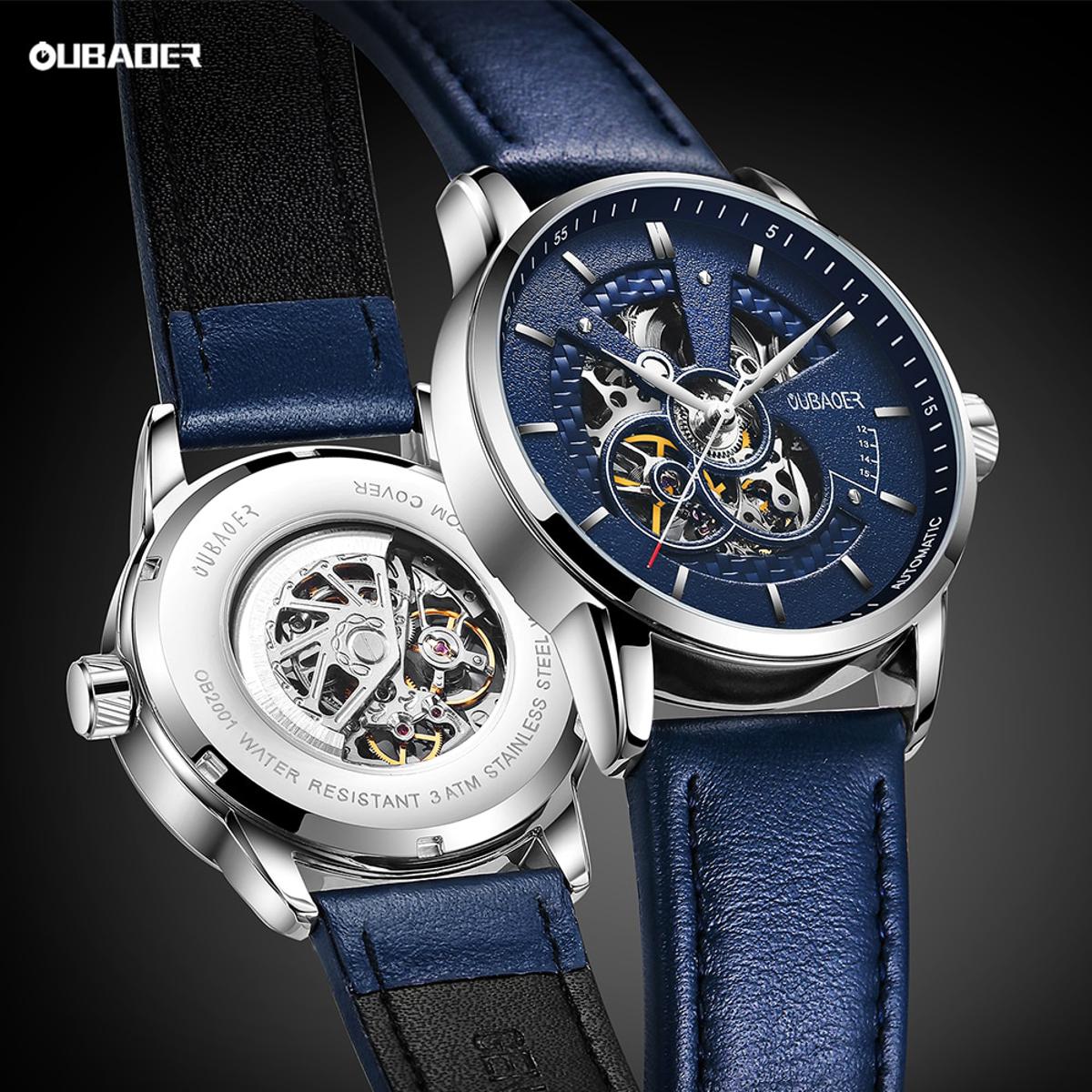 OUBAOER Mens Watches 2021 Mechanical Automatic Top Brand Luxury Tourbillon Self Winding Leather Sport Wristwatch