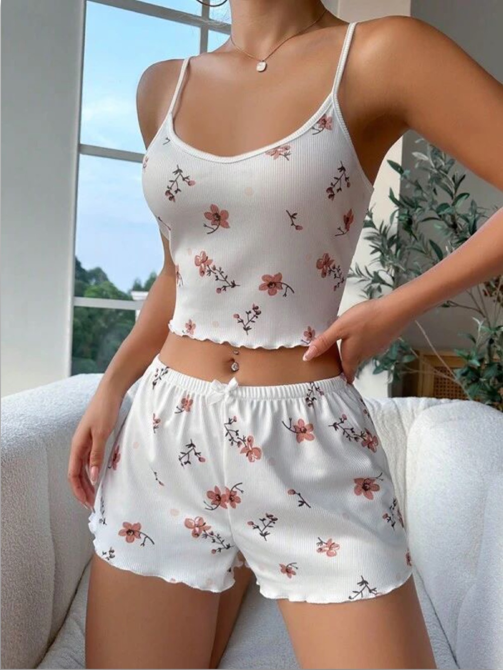 Floral Print Contrast Binding Lettuce Trim Cami Top & Shorts PJ Set. 