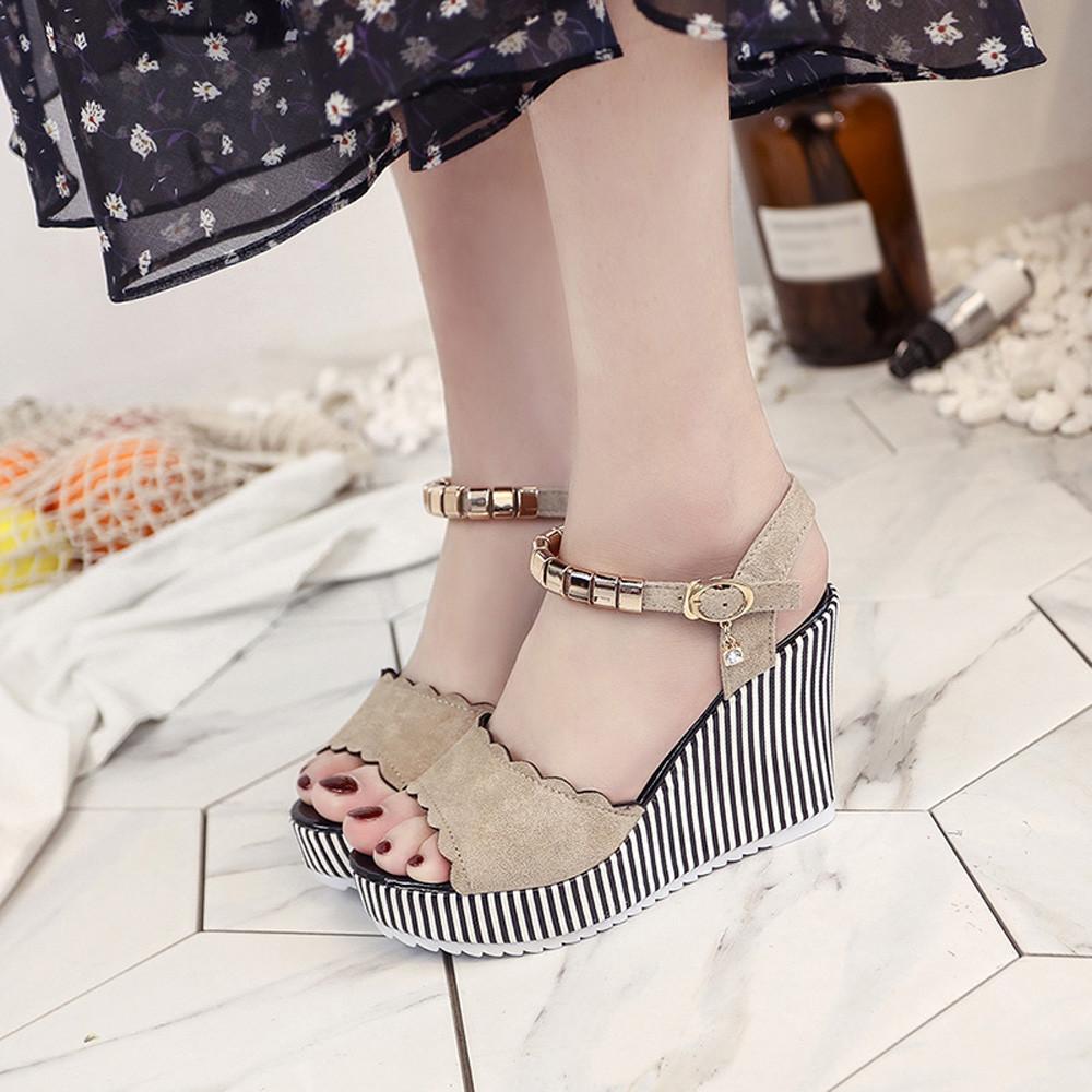 Shoes High-Heeled Sandals Wedge Sandals Ras Wedge Sandals striped pattern casual look 