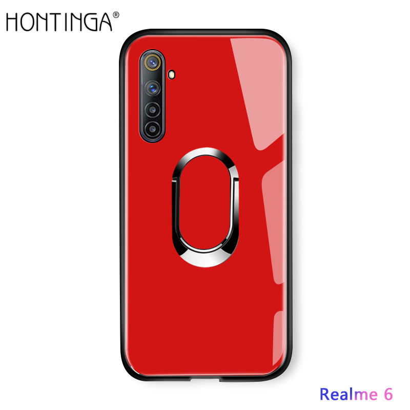 Hontinga for Realme 6 Back Cover With Solid 360 Roble Magnetic Ring Holder Stand Luxury Glass Phone Case