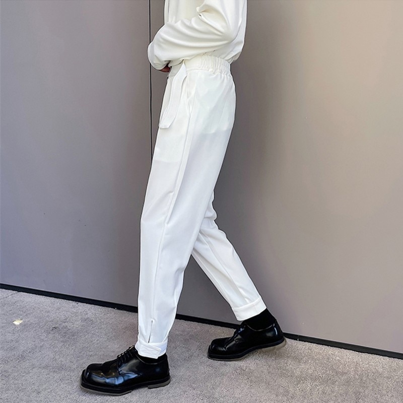 Korean Style Chic Harem Pants Men Solid Black White Man Trouser with Belt Spring Summer Tapered Ankle Length Casual Pant Quality. 