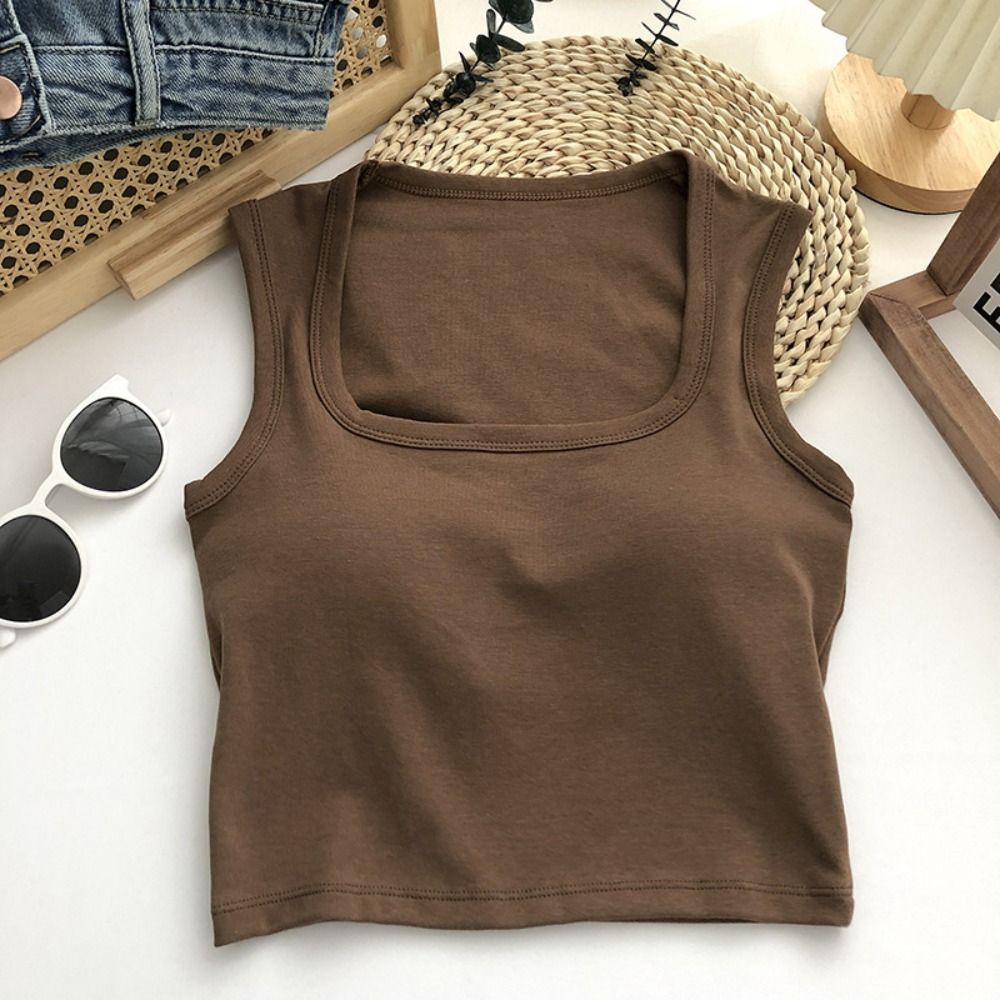 Black White Grey Square Collar Sleeveles Camisole With Chest Pads Bra Solid Color Square Tank Top Vest