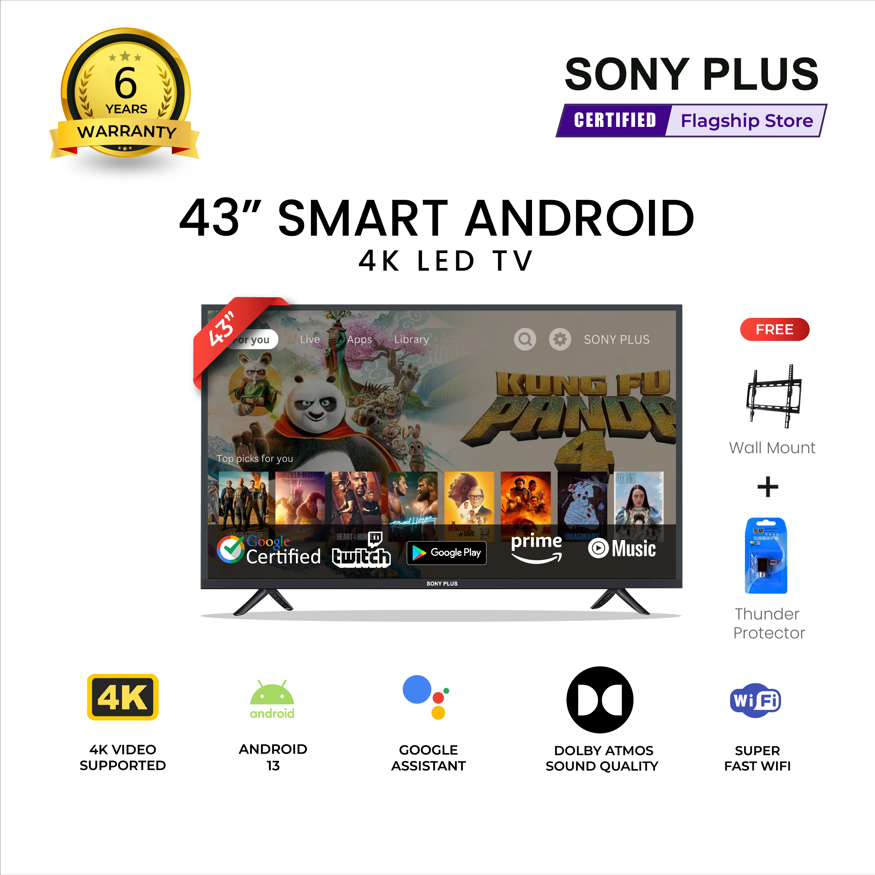 Sony Plus 43 inch Smart LED TV Wi-Fi Full HD 4K Supported Android Television