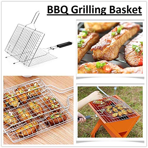 New Portable Barbecue BBQ Grill Net Basket Roast Grilling Tray Chromium Plated with Wooden Handle (Big). 