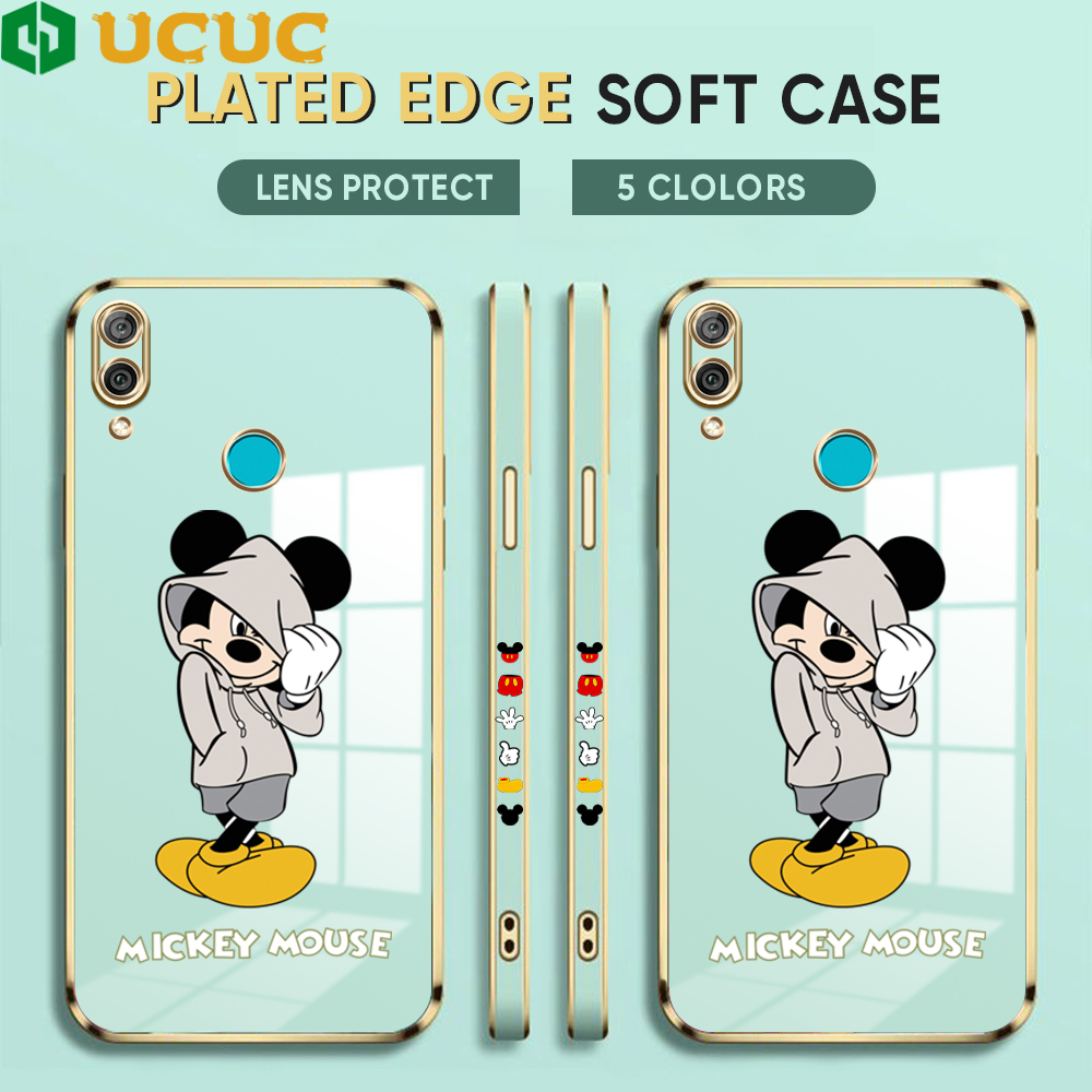 UCUC for Huawei Y7 2019 Y7 Prime 2019 Back Cover + Free Lanyard Hoodie Mouse Luxury 6D Plating Case Side Pattern Soft Silicone Square Phone Cases