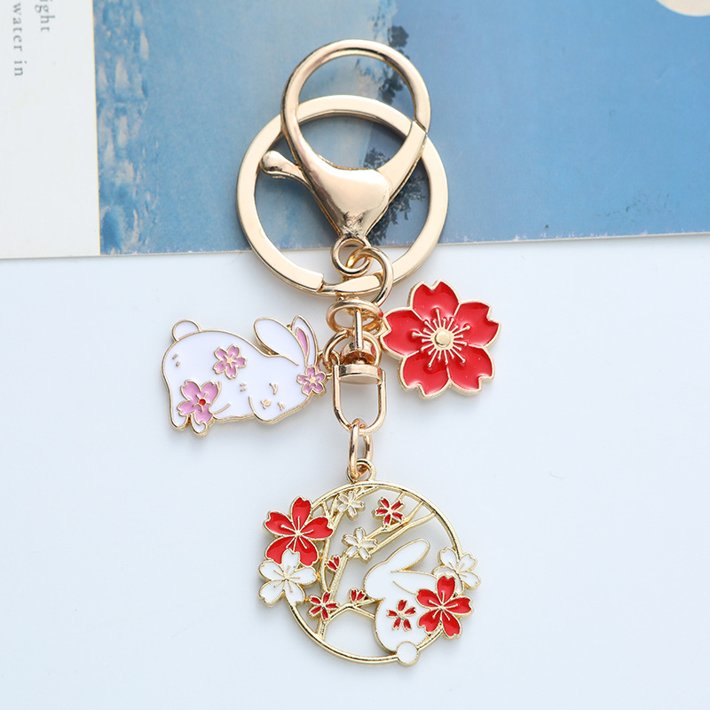 Enamel Finish Rabbit Keychain Decorative Purple Korean Fashion Enamel Keychain Pink 10*4*1cm Cherry Blossom Keychain for Daily. 