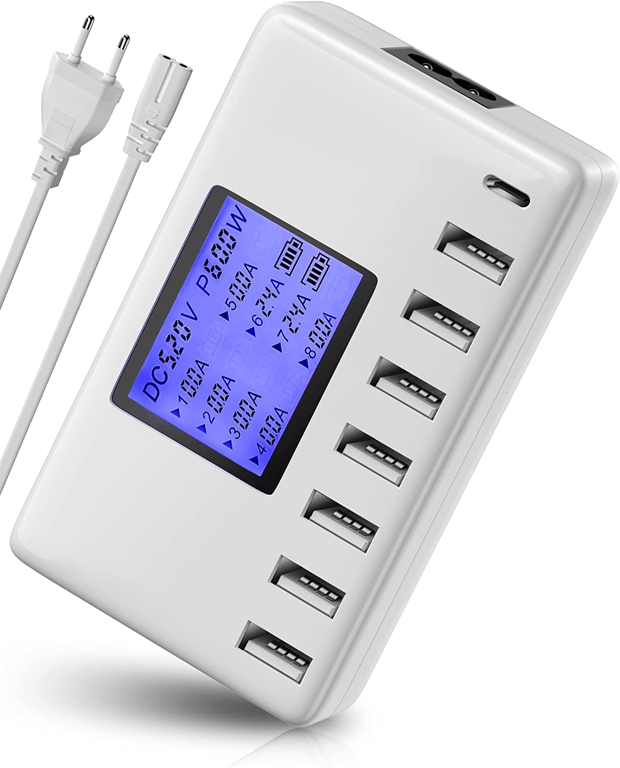 USB Charging Station, 8-Ports 60W/12A Multi Port USB C Hub Charger with LCD Display for Cellphone Tablet Multiple Devices,