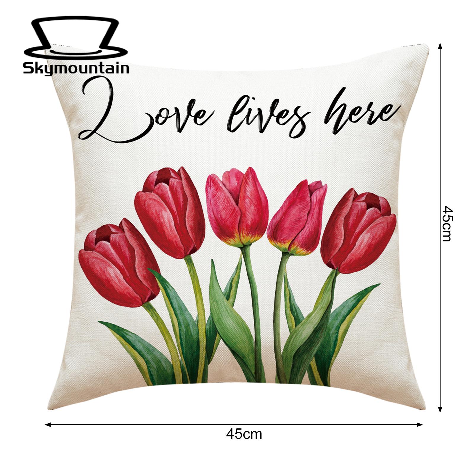 Linen Pillowcase with Hidden Zipper Valentine's Day Pillowcase Red Pink Tulips Flower Pattern Sofa Cushion Cover Home Decoration for Valentine's Day Mother's Day. 