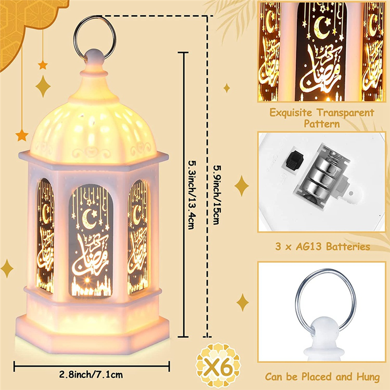 6PCS LED Eid Mubarak Lantern Moon Star Lights Moroccan Style Hanging Lantern White. 