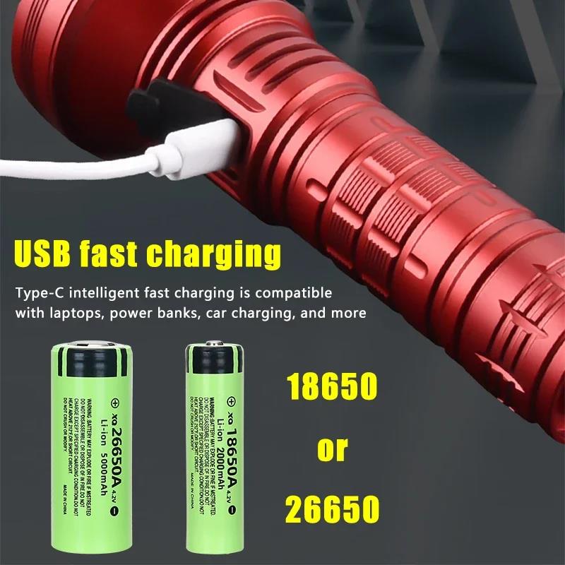 XIWANGFIRE BT90 5000lm LED Torch 50W Powerful Strong Light Long Range Flashlight USB C Rechargeable 18650/26650 Charging Torch. 