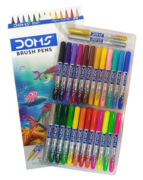 DOMS Brush Pen 26 Box Pack | Flexible & Soft Tip That Gives Water Color Effect | Includes One Silver & Gold Shade Inside | Lightweight Brush Pens. 