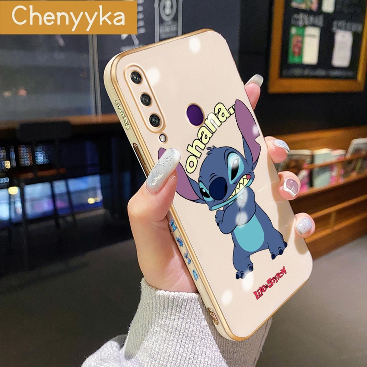 Chenyyka For Huawei Y6P Case Plating Side Edge Square New Design Phone Cases Cartoon Cute Stitch Pattern Silicone Casing Full Back Cover Camera Protect Shockproof Softcase