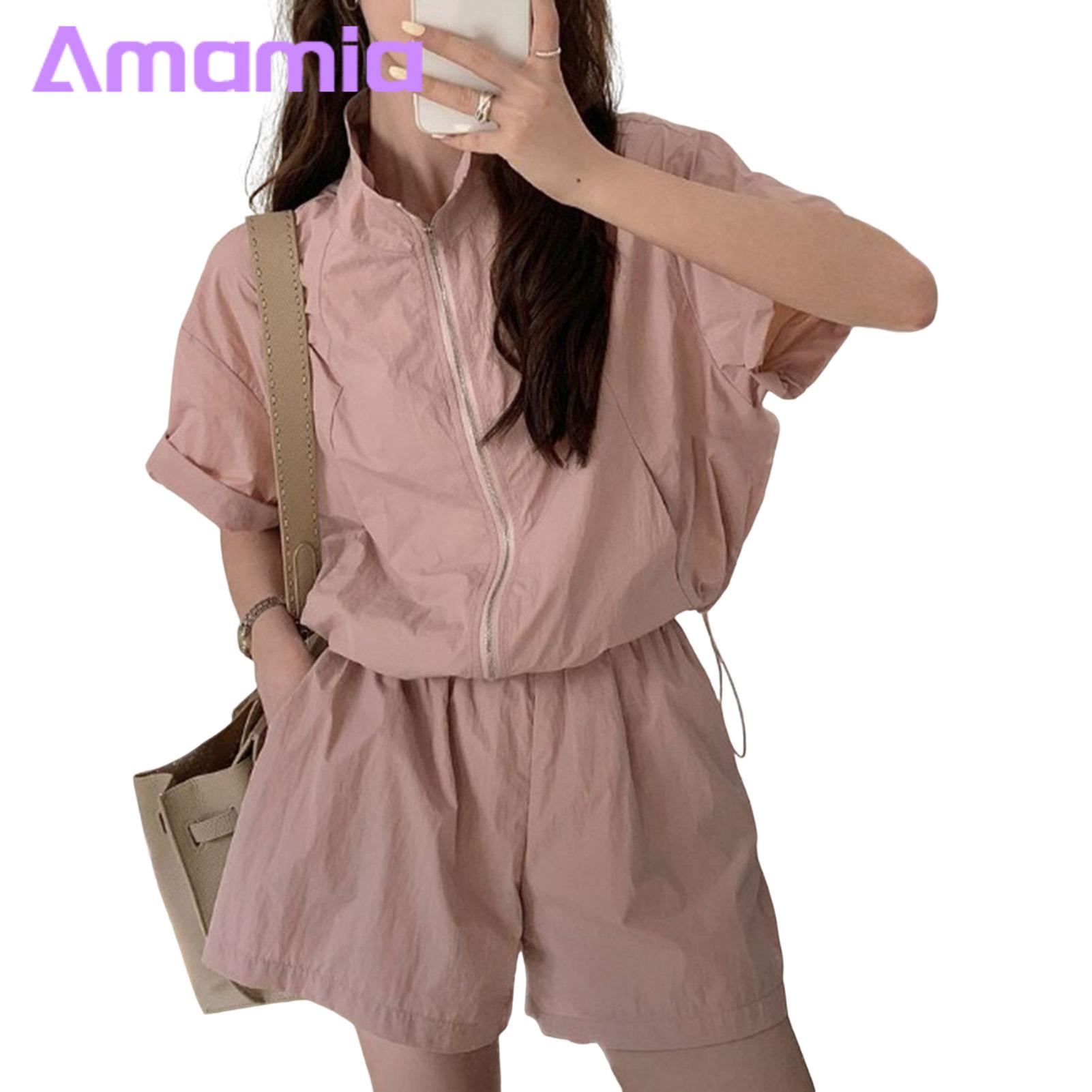 Women Summer Tracksuit 2-piece Women's Sportswear Set with Sunscreen Blouse High Waist Pants Casual Tracksuit for Short Sleeve Top Shorts Set