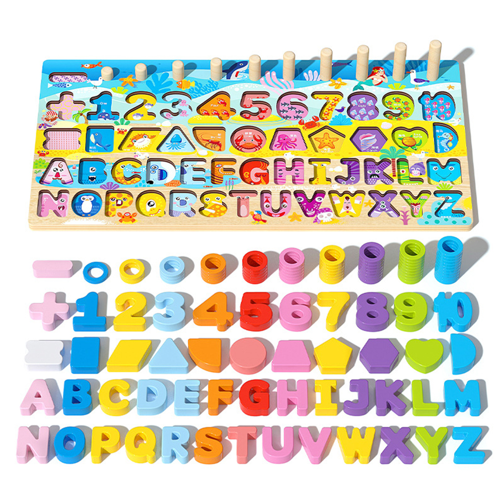 GC 6-in-1 Wooden Alphabet Number Shape Puzzles Toys Toddlers Fishing Toy Rings Counting Sorting Educational Toys. 