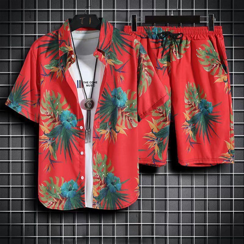 Hawaiian Style Beach Pants Men's Loose Quick-Dry Casual Suit Printed Shirt Shorts Couple plus Size Set. 