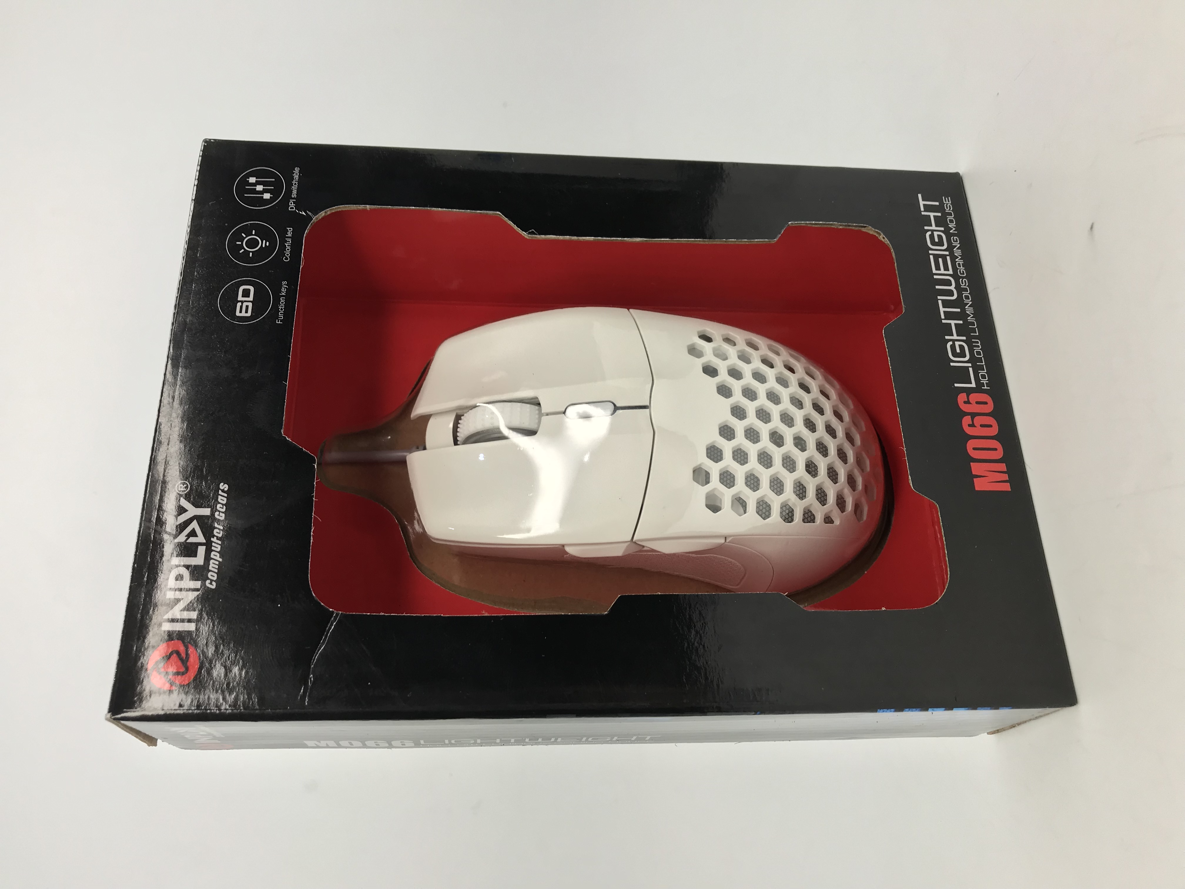 INPLAY M066 HOLLOW LUMINOUS GAMING MOUSE, LIGHTWEIGHT COLORFUL LED, USB WIRED, DPI SWITCHABLE, 1.5m. 